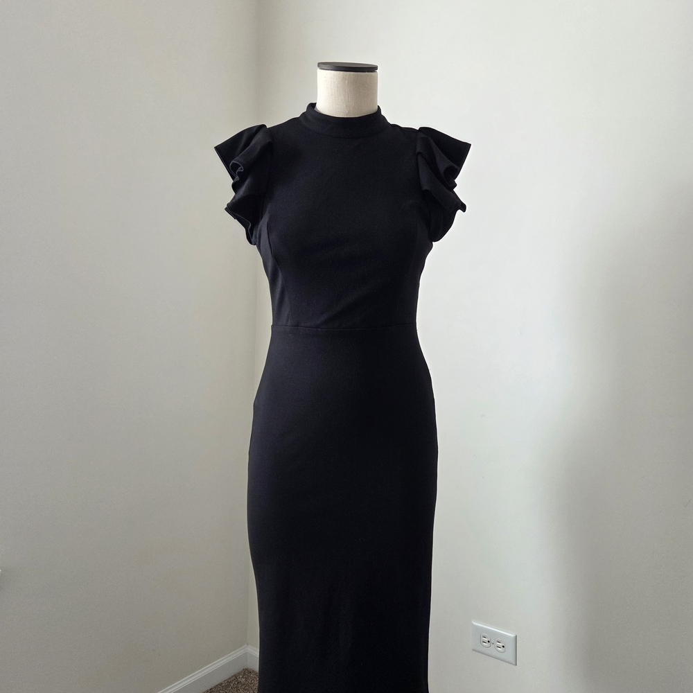Lulu's Black Ruffle-Shoulder Midi Sheath Dress Pre-Owned - Picture 3 of 10